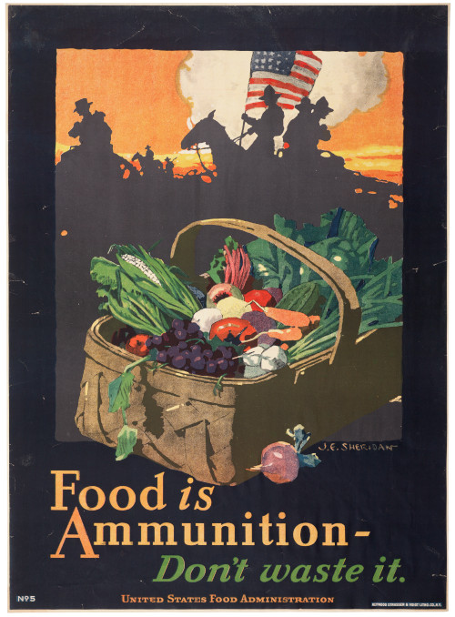 U.S. Food Administration Poster from World War I, image of fruit and vegetables in a basket, text reads Food is ammunition - don't waste it.