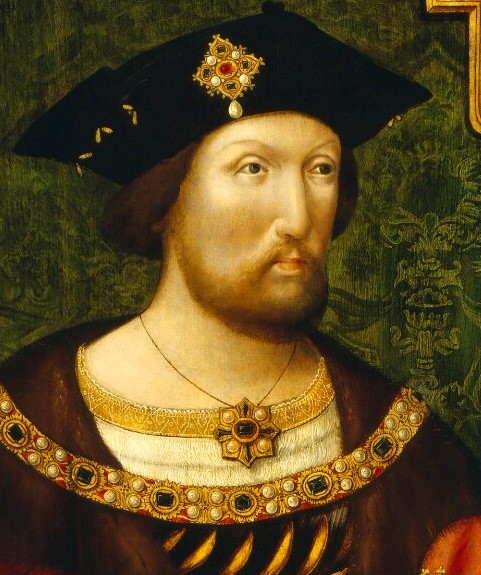 Portrait of King Henry the VIII wearing a jeweled brooch and necklace.