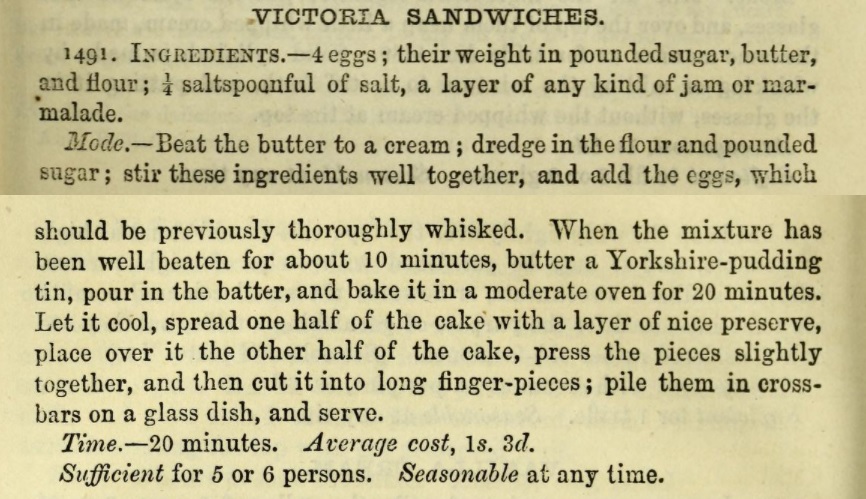 Isabella Beeton's original recipe for Victoria Sandwiches, 1861.