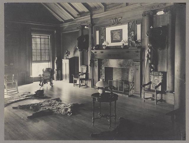 Image of a room with fireplace, several chairs, two stuffed bison heads, and two bearskin rugs.